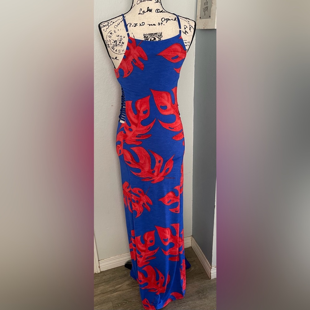 Forever Gate Blue & Red Tropical Monstera Leaf Print Maxi Dress-Size Small-NWT - Picture 3 of 4